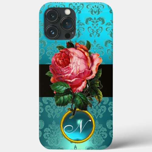 BEAUTIFUL PINK ROSE BLUE TEAL DAMASK GEM MONOGRAM iPhone 13 PRO MAX CASE