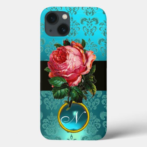 BEAUTIFUL PINK ROSE BLUE TEAL DAMASK GEM MONOGRAM iPhone 13 CASE