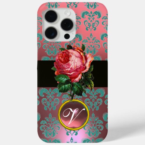 BEAUTIFUL PINK ROSE BLUE TEAL DAMASK GEM MONOGRAM iPhone 15 PRO MAX CASE