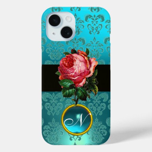 BEAUTIFUL PINK ROSE BLUE TEAL DAMASK GEM MONOGRAM iPhone 15 CASE