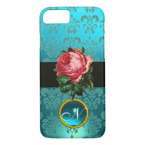 BEAUTIFUL PINK ROSE BLUE TEAL DAMASK GEM MONOGRAM iPhone 87 CASE