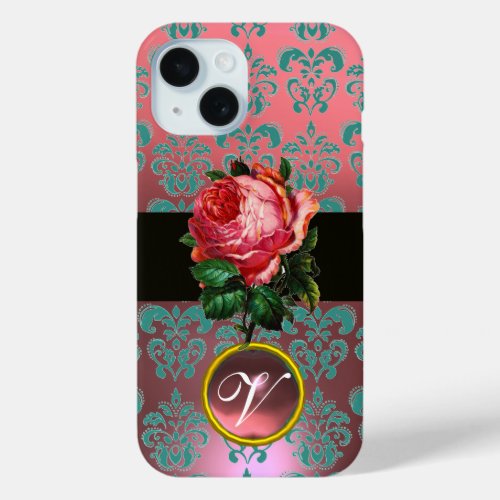 BEAUTIFUL PINK ROSE BLUE TEAL DAMASK GEM MONOGRAM iPhone 15 CASE