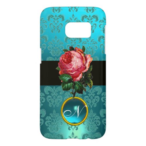 BEAUTIFUL PINK ROSE BLUE TEAL DAMASK GEM MONOGRAM SAMSUNG GALAXY S7 CASE