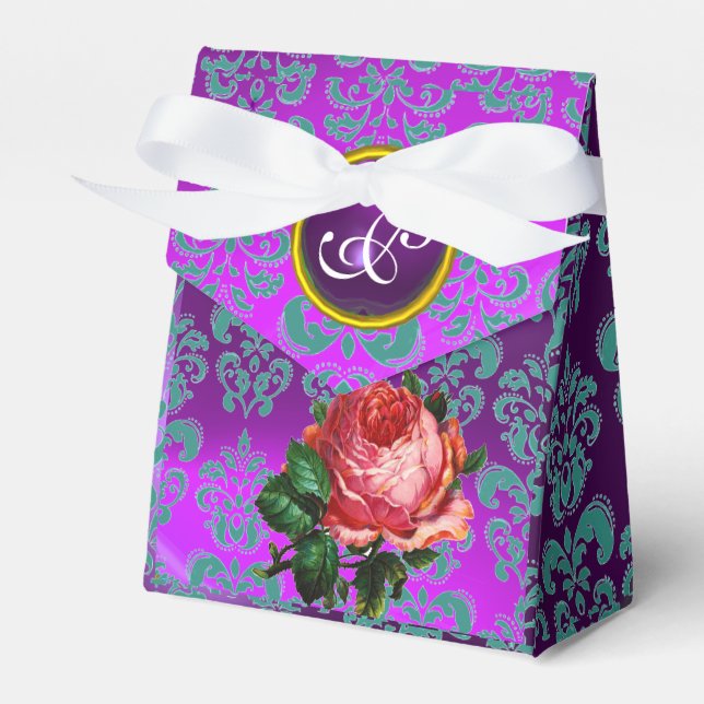 BEAUTIFUL PINK ROSE DAMASK PURPLE GEM MONOGRAM FAVOR BOXES (Front Side)