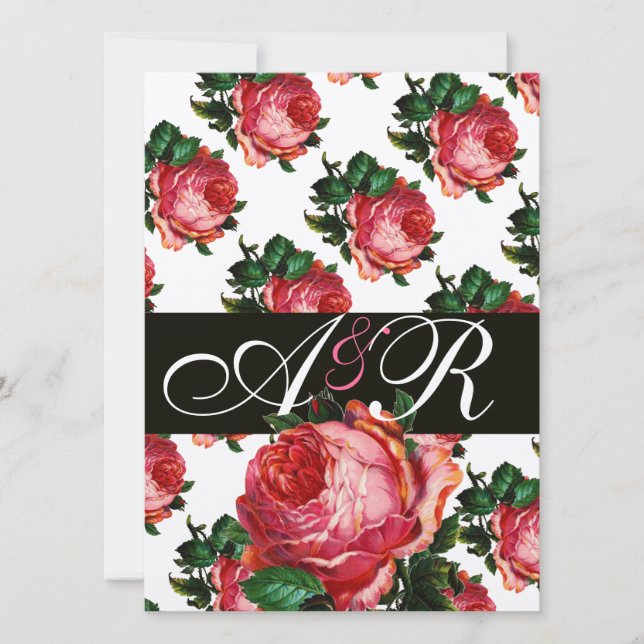 BEAUTIFUL PINK ROSE FLORAL MONOGRAM INVITATION (Front)