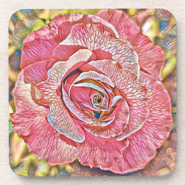 Beautiful pink rose flower painting beverage coaster (Front)
