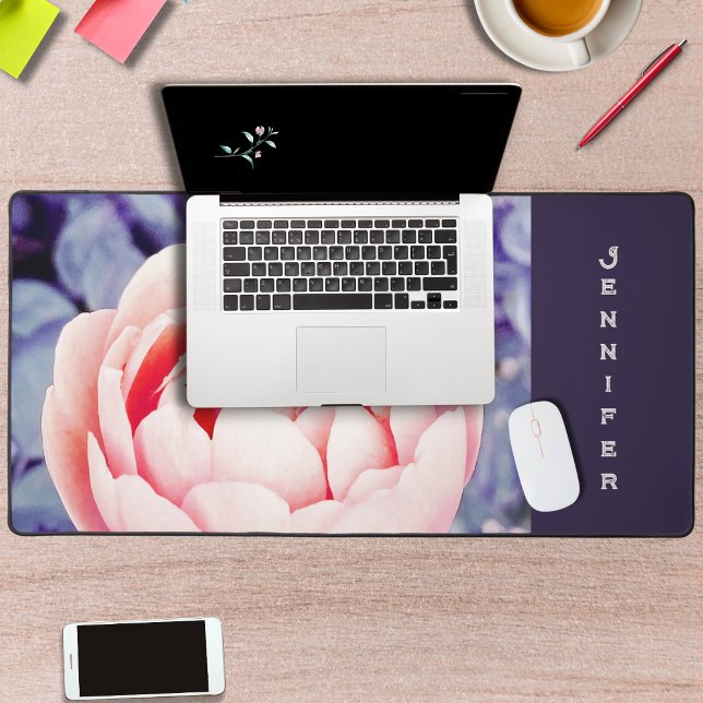 Beautiful Pink Rose Flower Personalized Computer Desk Mat (An elegant computer desk mat, with a beautiful pink rose picture, to personalize with a name.)