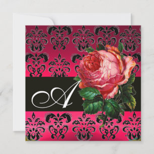 BEAUTIFUL PINK ROSE FUCHSIA BLACK DAMASK MONOGRAM INVITATION