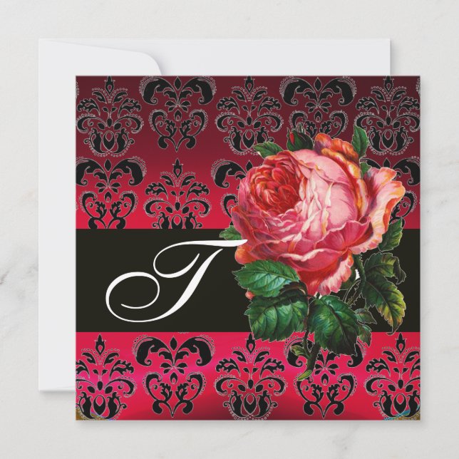 BEAUTIFUL PINK ROSE FUCHSIA BLACK DAMASK MONOGRAM INVITATION (Front)