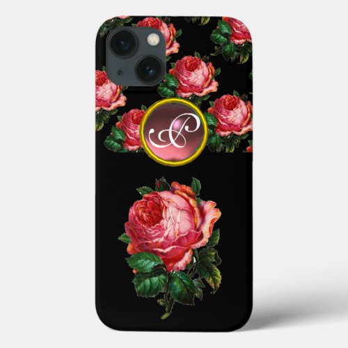 BEAUTIFUL PINK ROSE GEMSTONE MONOGRAM Black iPhone 13 Case