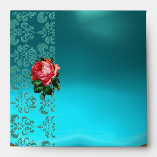 BEAUTIFUL PINK ROSE GOLD AQUA BLUE TEAL DAMASK ENVELOPE
