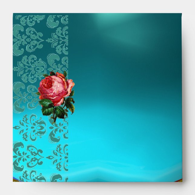 BEAUTIFUL PINK ROSE GOLD AQUA BLUE TEAL DAMASK ENVELOPE (Front)