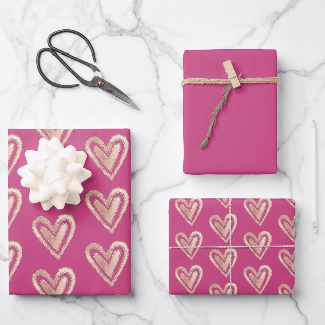 Beautiful Pink & Rose Gold Hearts Wrapping Paper Sheets (Front)