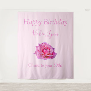 Beautiful Pink Rose Happy Birthday Tapestry
