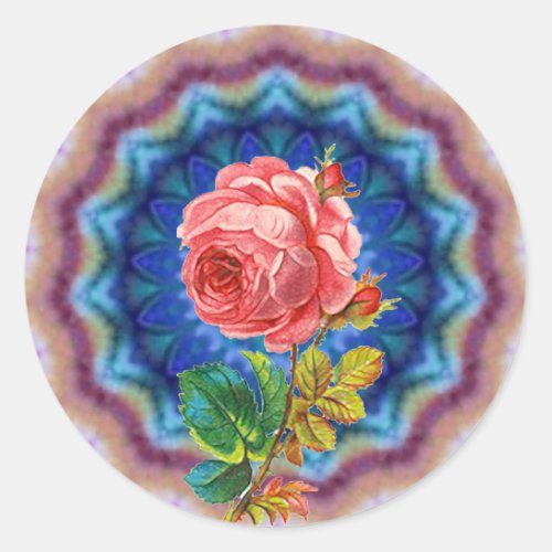 BEAUTIFUL PINK ROSE IN BLUE PSYCHEDELIC CIRCLES CLASSIC ROUND STICKER