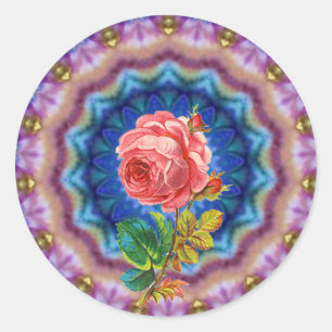 BEAUTIFUL PINK ROSE IN PSYCHEDELIC CIRCLES CLASSIC ROUND STICKER