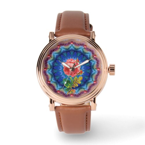 BEAUTIFUL PINK ROSE IN PSYCHEDELIC CIRCLES WATCH