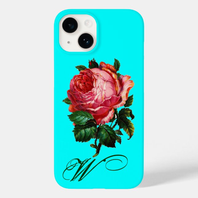BEAUTIFUL PINK ROSE MONOGRAM,Teal Aqua Blue Case-Mate iPhone Case (Back)