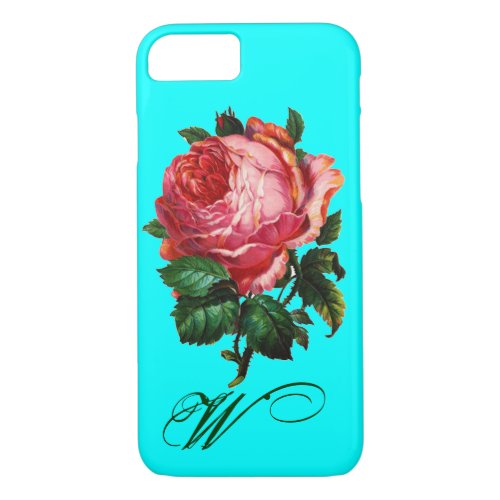 BEAUTIFUL PINK ROSE MONOGRAMTeal Aqua Blue iPhone 87 Case