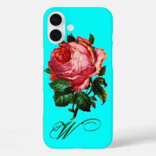 BEAUTIFUL PINK ROSE MONOGRAM,Teal Aqua Blue iPhone 16 Plus Case
