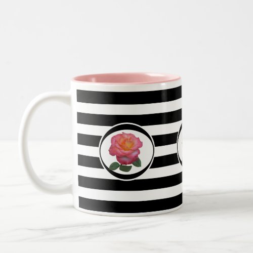 Beautiful Pink Rose on Black  White Striped Two_Tone Coffee Mug