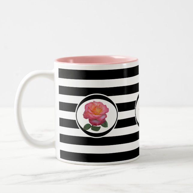 Beautiful Pink Rose on Black & White Striped Two-Tone Coffee Mug (Left)
