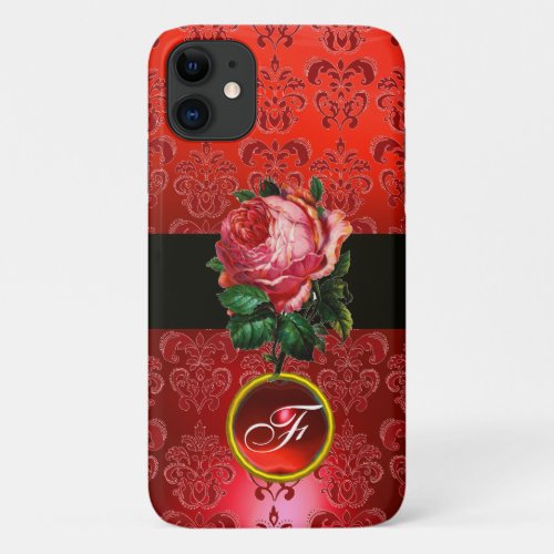 BEAUTIFUL PINK ROSE RED BLACK DAMASK RUBY MONOGRAM iPhone 11 CASE