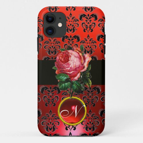 BEAUTIFUL PINK ROSE RED BLACK DAMASK RUBY MONOGRAM iPhone 11 CASE