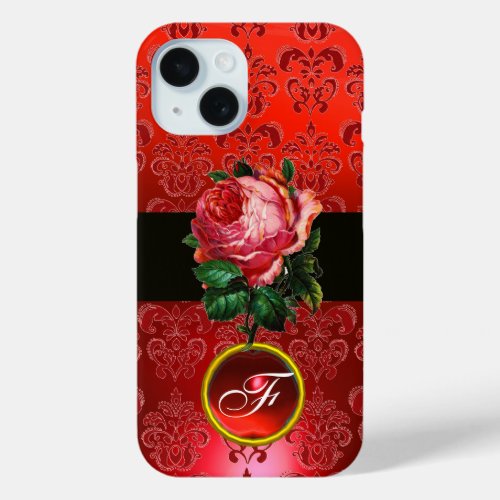 BEAUTIFUL PINK ROSE RED BLACK DAMASK RUBY MONOGRAM iPhone 15 CASE