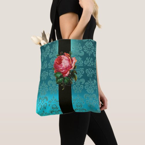 BEAUTIFUL PINK ROSE TEAL AQUA BLUE BLACK DAMASK TOTE BAG