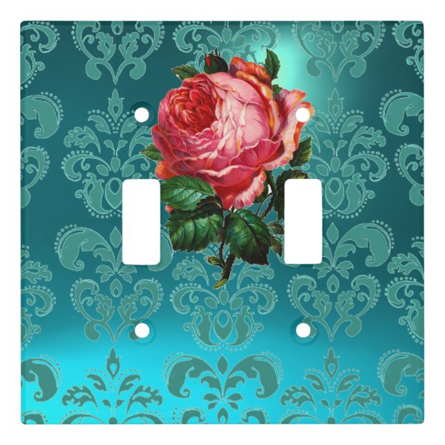 BEAUTIFUL PINK ROSE,TEAL AQUA BLUE DAMASK  LIGHT S SWITCH COVER (Front)