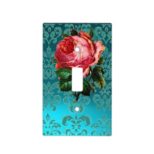 BEAUTIFUL PINK ROSETEAL AQUA BLUE DAMASK  LIGHT SWITCH COVER