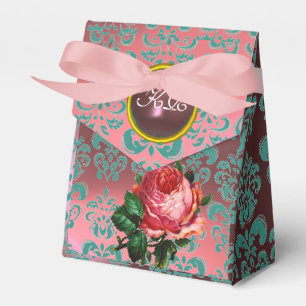 BEAUTIFUL PINK ROSE,TEAL BLUE DAMASK GEM MONOGRAM FAVOR BOXES