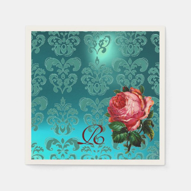 BEAUTIFUL PINK ROSE,TEAL BLUE DAMASK MONOGRAM PAPER NAPKINS (Front)