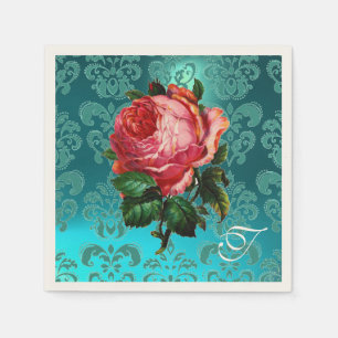 BEAUTIFUL PINK ROSE,TEAL BLUE DAMASK MONOGRAM PAPER NAPKINS