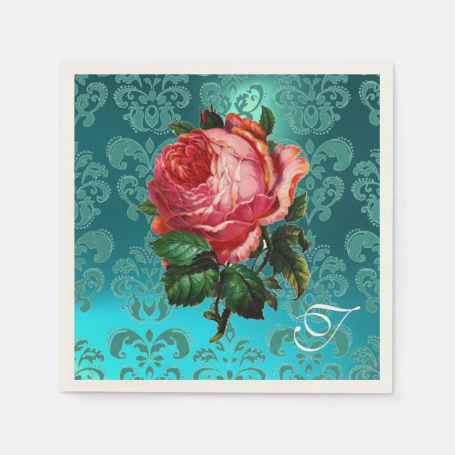 BEAUTIFUL PINK ROSE,TEAL BLUE DAMASK MONOGRAM PAPER NAPKINS (Front)