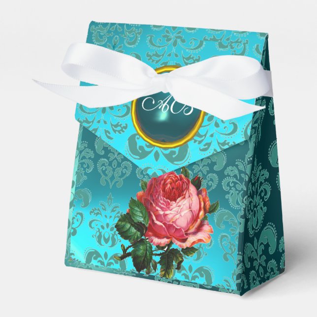 BEAUTIFUL PINK ROSE,TEAL DAMASK BLUE GEM MONOGRAM FAVOR BOXES (Front Side)