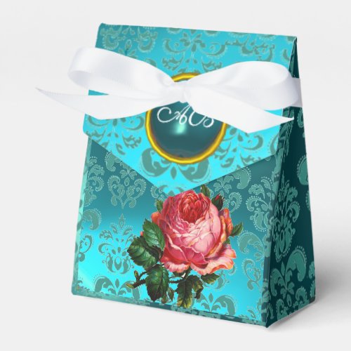 BEAUTIFUL PINK ROSETEAL DAMASK BLUE GEM MONOGRAM FAVOR BOXES