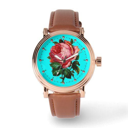 BEAUTIFUL PINK ROSE WITH GEMSTONES Aqua BlueTeal Watch