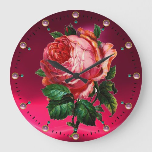 BEAUTIFUL PINK ROSE WITH GEMSTONES LARGE CLOCK