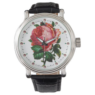 BEAUTIFUL PINK ROSE WITH GEMSTONES WATCH