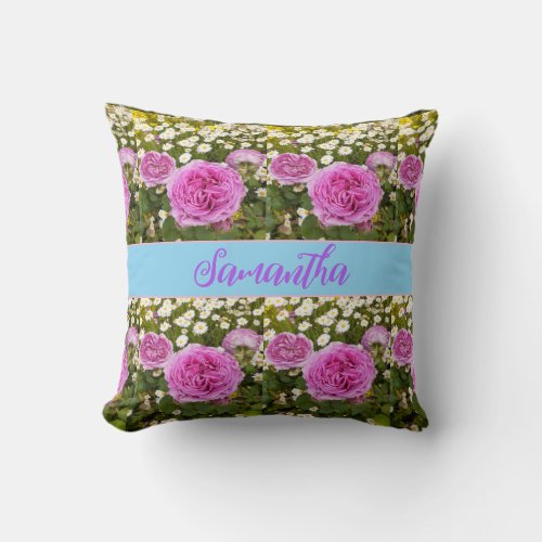 Beautiful Pink Roses and Daisies Floral Throw Pillow