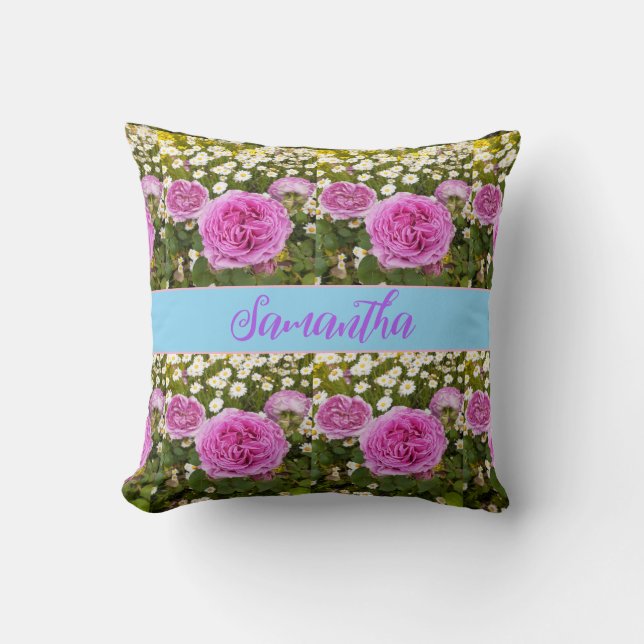 Beautiful Pink Roses and Daisies Floral Throw Pillow (Front)
