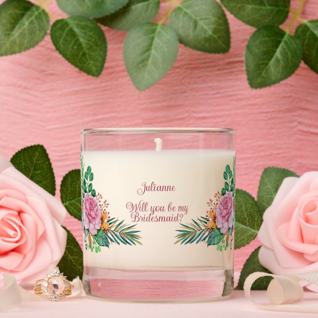 Beautiful Pink Roses and Greenery Bridesmaid Scented Candle (Wedding)