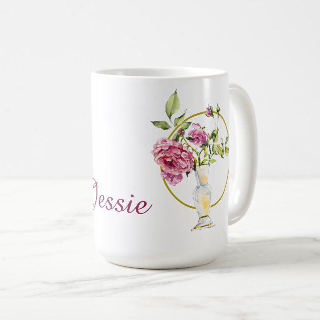 Beautiful Pink Roses and Vase  Coffee Mug (Front Right)