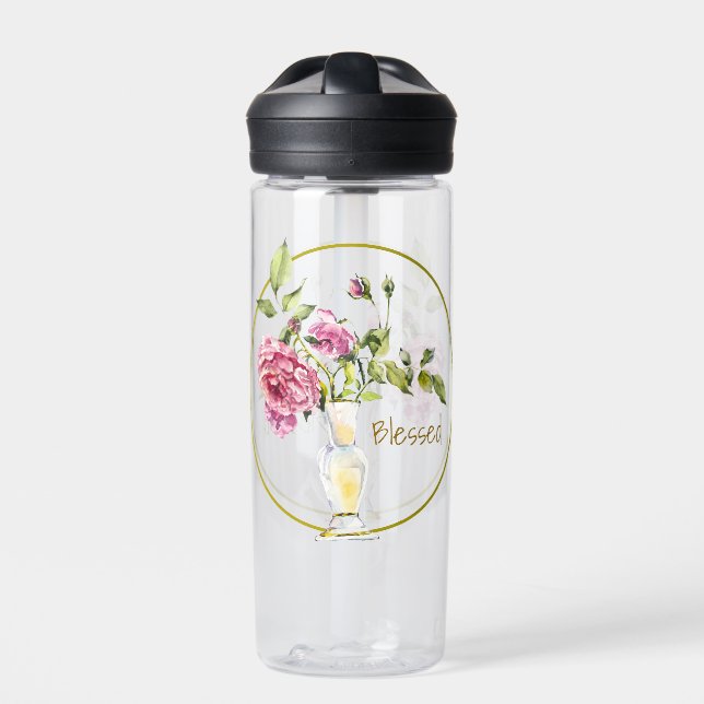 Beautiful Pink Roses and Vase  Water Bottle (Front)