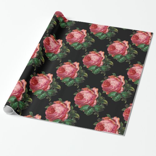 BEAUTIFUL PINK ROSES Black Wrapping Paper