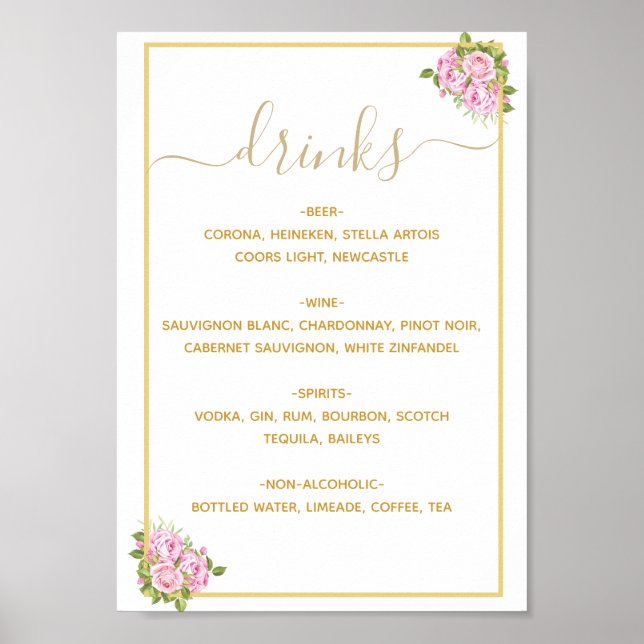 Beautiful Pink Roses Drinks Menú Poster (Front)
