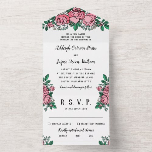 Beautiful Pink Roses Floral Wedding All In One Invitation