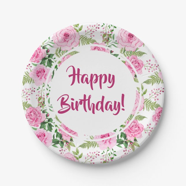 Beautiful Pink Roses Happy Birthday Paper Plates (Front)